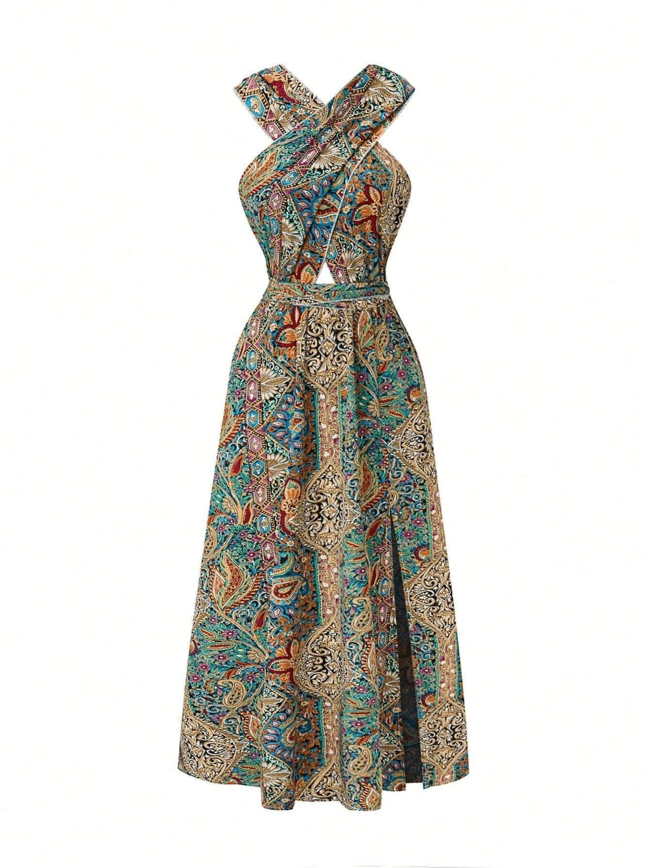 Women Print Maxi Dress High Waisted Cross Halter Neck With Tie Detail,Flowing Vacation Gown In Teal, Blue-Green & Brown Paisley   Pattern, Machine Washable, Summer Fashion Decorative Tie Detail Aclosy overseas