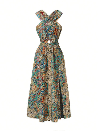 Women Print Maxi Dress High Waisted Cross Halter Neck With Tie Detail,Flowing Vacation Gown In Teal, Blue-Green & Brown Paisley   Pattern, Machine Washable, Summer Fashion Decorative Tie Detail Aclosy overseas