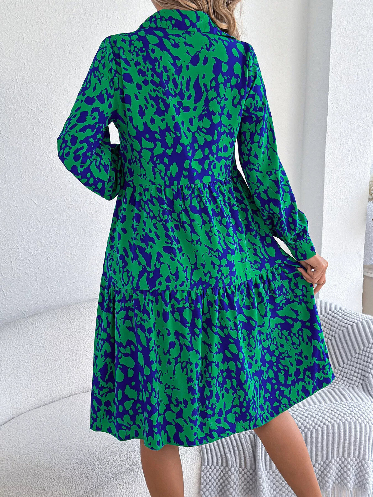 Printed Collared Neck Long Sleeve Dress