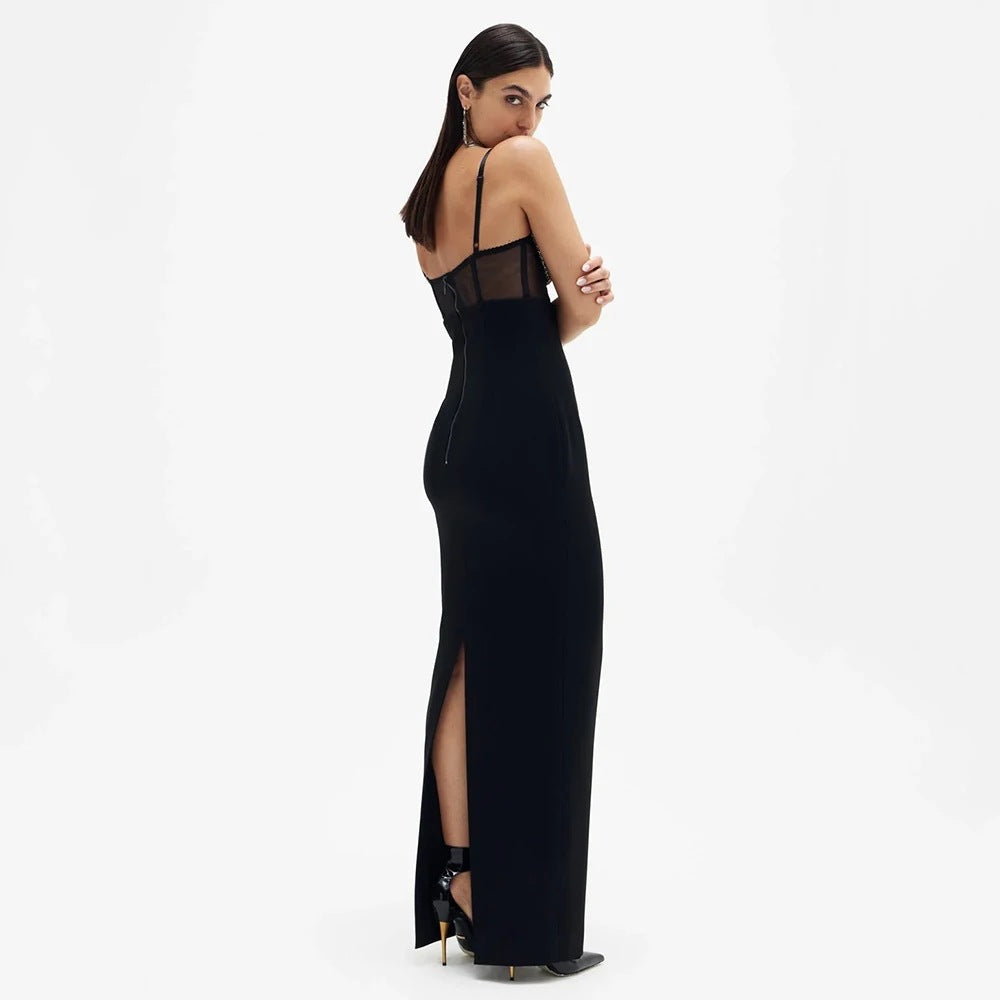 Long Non-back Hollow Diamond Knitted Sling Dress Aclosy