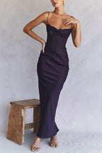 Pile Collar Satin Fishbone Pleated Suspender Long Dress-Light Purple aclosy