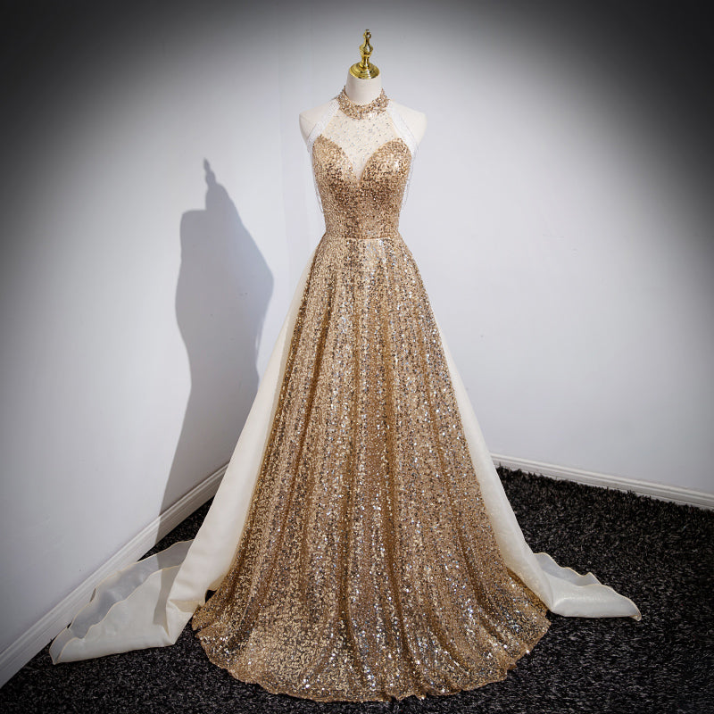 Golden Evening Dress Female Host Performance Dress Aclosy