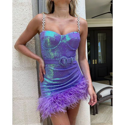 Women's Tight Artificial Fur Belt Purple Sequin Slip Dress Aclosy