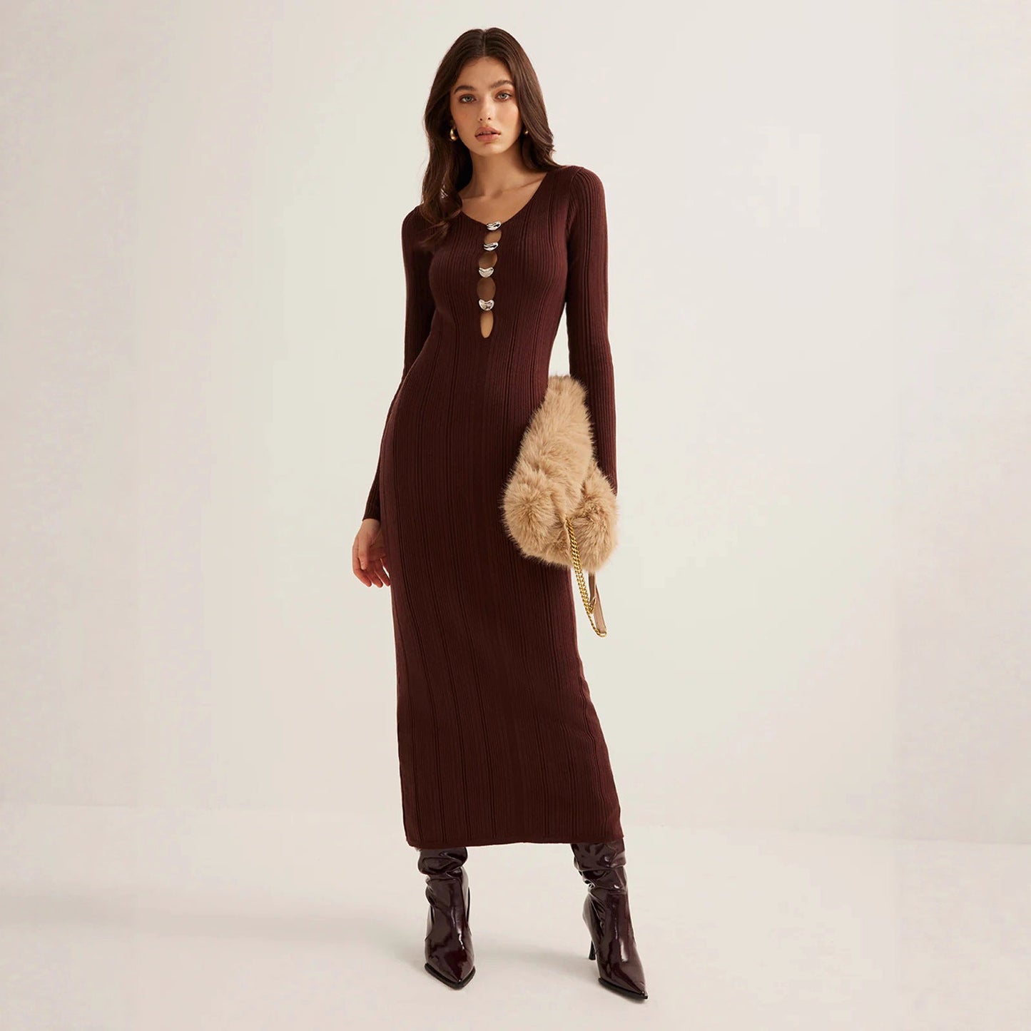 Retro Solid Color V-neck Slim-fit Long Sleeve Hip Knitwear Dress aclosy
