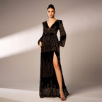 Black gold sequin maxi dress slit view