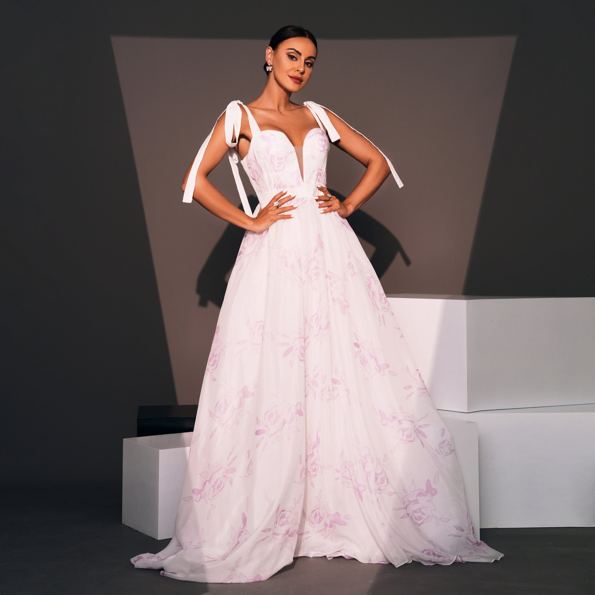 Sleeveless Off-the-shoulder Strap Banquet Printed Large Swing Evening Dress aclosy