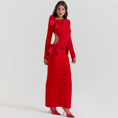 Long Sleeve Backless Bow Split Dress Red Dress Aclosy