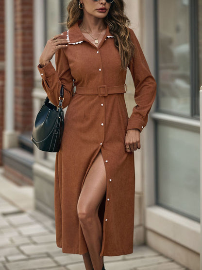 Perfee Lace Detail Collared Neck Long Sleeve Midi Dress Trendsi