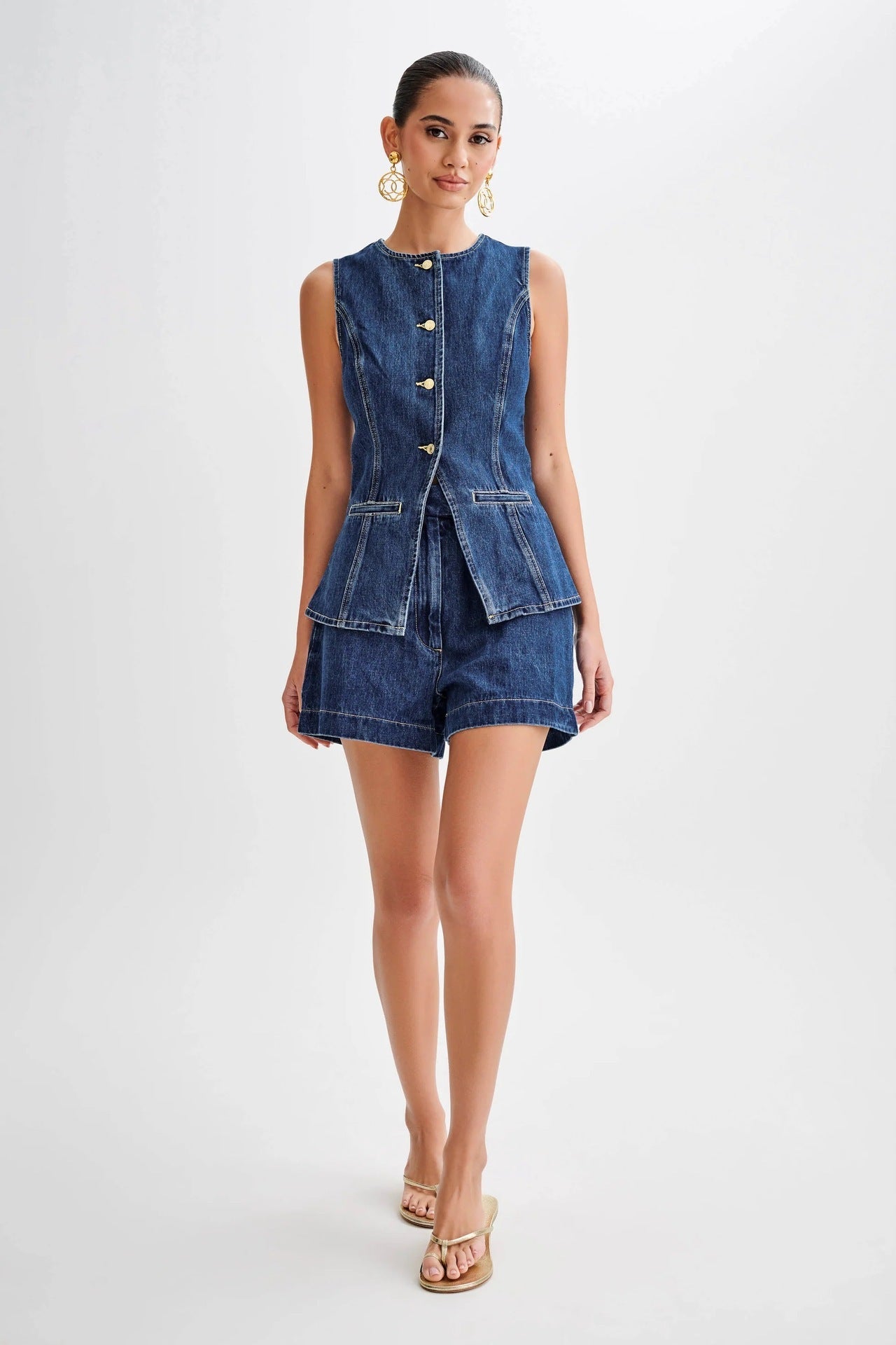 Denim Sleeveless Button Up Top Suit-Blue