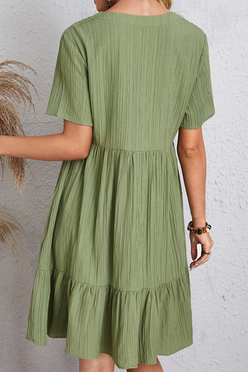 Full Size Ruched V-Neck Short Sleeve Dress Trendsi