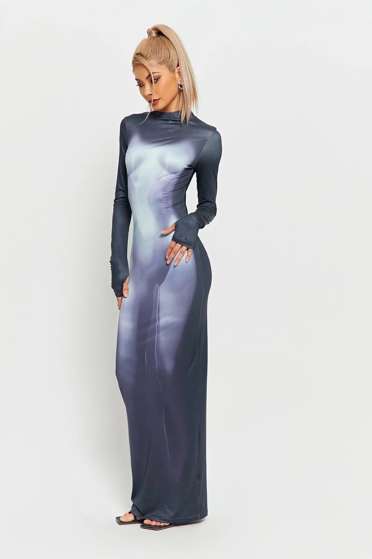 3D Body Printing Super Long Sleeve Body Robe Party Dress aclosy