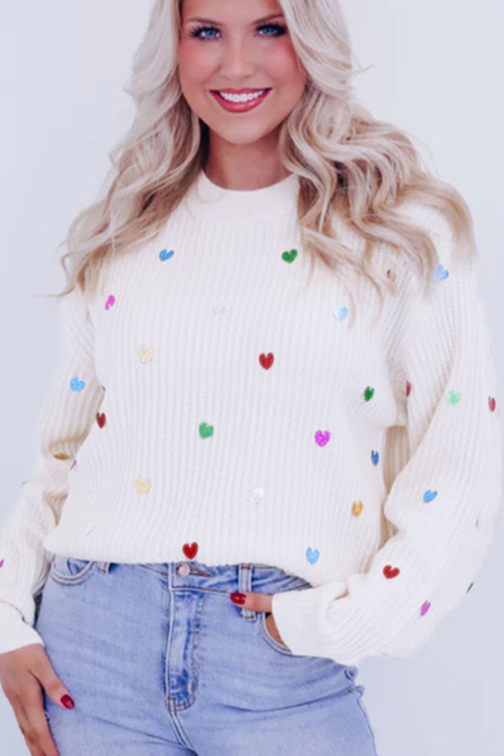 Heart Sequin Round Neck Long Sleeve Sweater Trendsi