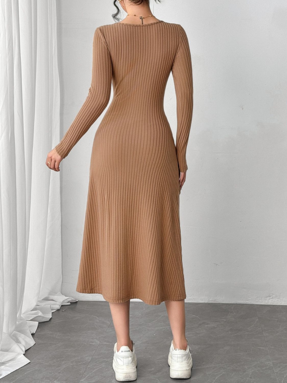 Square Neck Long Sleeve Midi Wrap Dress Trendsi