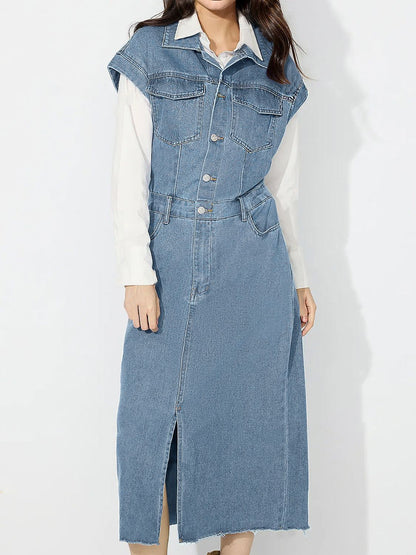 Slit Half Button Collared Neck Cap Sleeve Denim Dress Trendsi