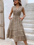 Printed Johnny Collar Midi Dress Trendsi