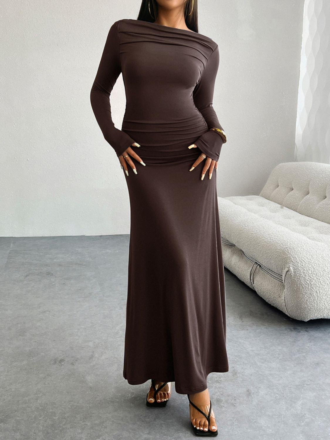 Devine Ruched Long Sleeve Maxi Dress Trendsi