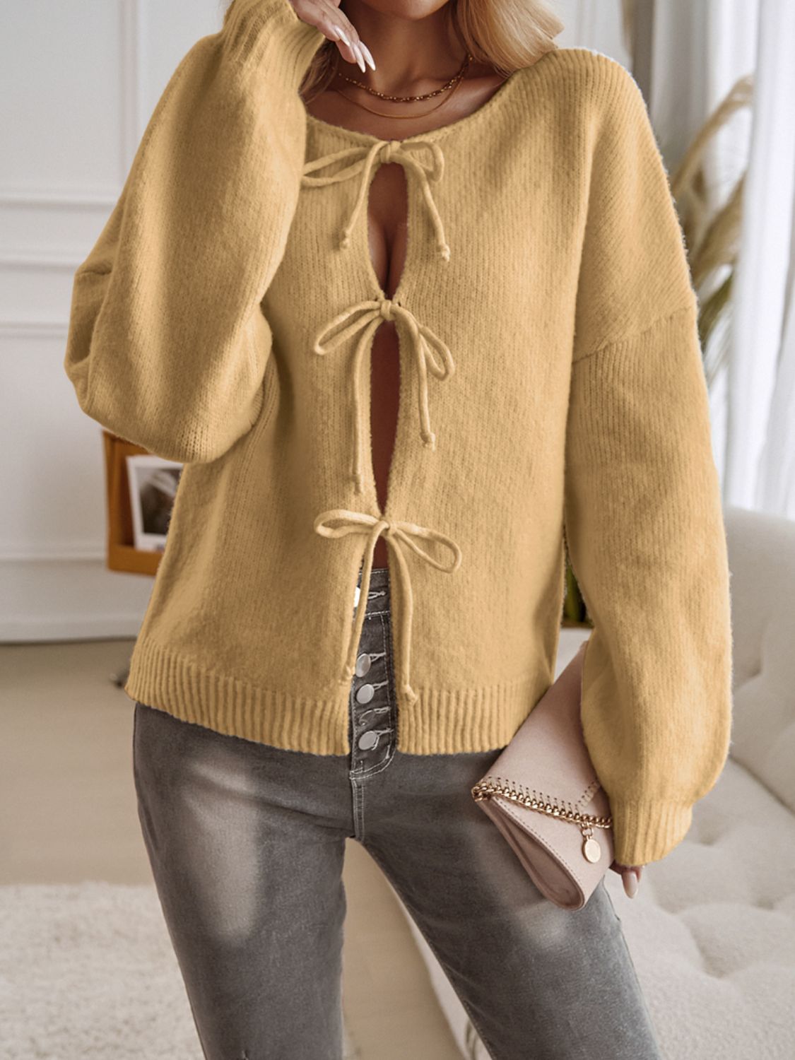 Devine Tied Round Neck Dropped Shoulder Cardigan Trendsi