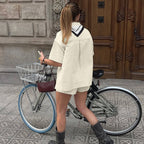 Lapel Short Sleeve Pocket Pullover Top High-waisted Trousers Skirt Two-piece Set Aclosy