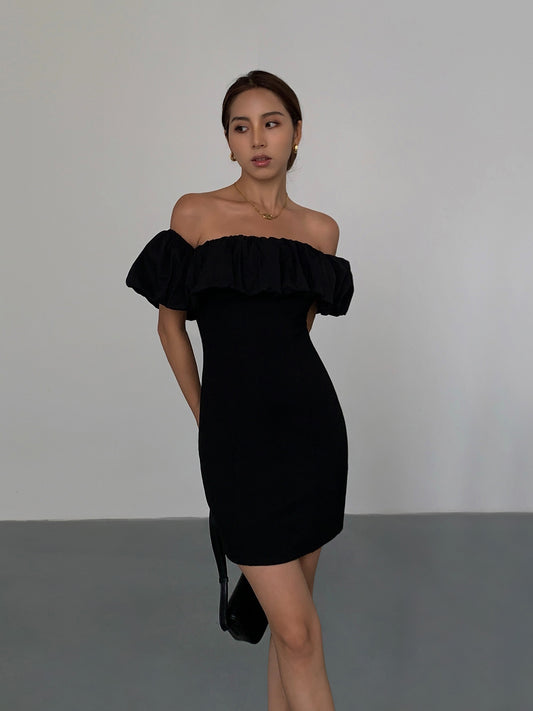 Black French Ruffle One-Shoulder Dress aclosy