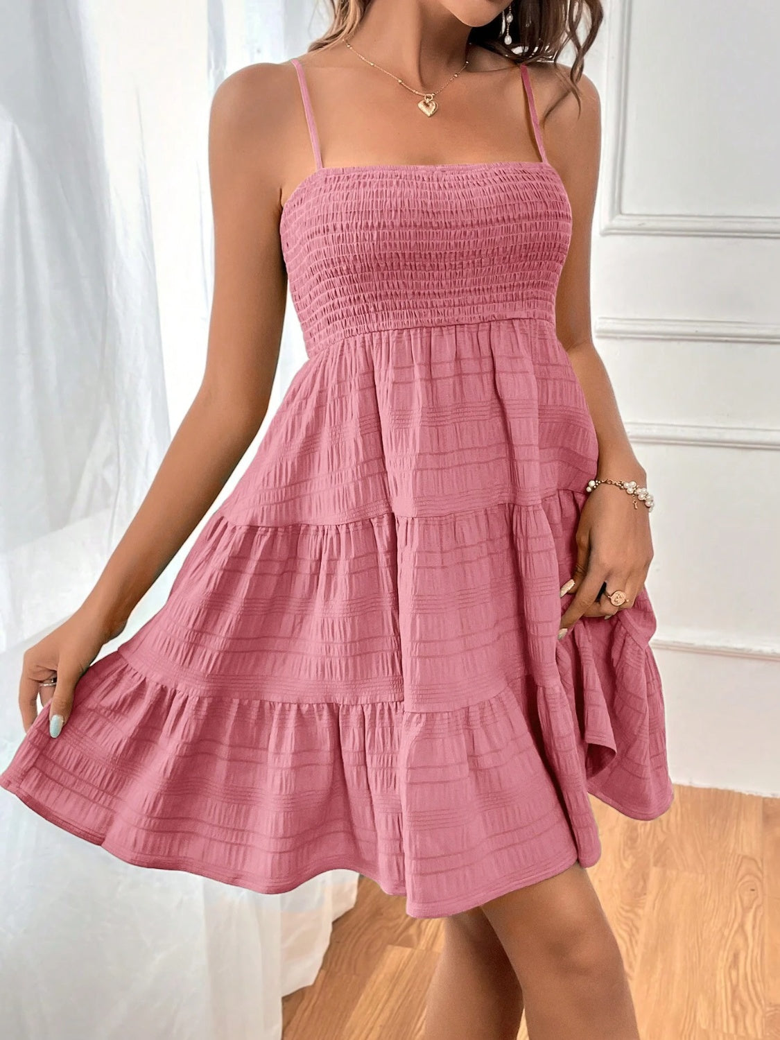 Smocked Tiered Sleeveless Mini Dress Trendsi