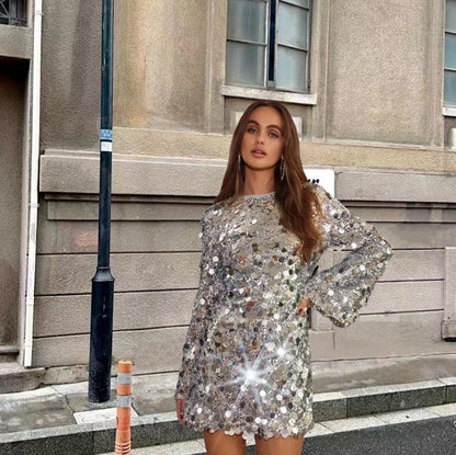 Alyia Silver Long Sleeve Mini Dress