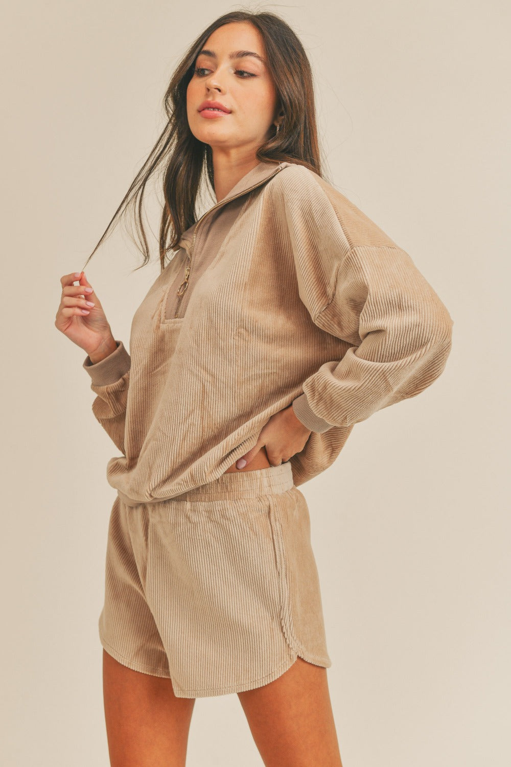 MABLE Corduroy Half Zip Top and Shorts Set Trendsi