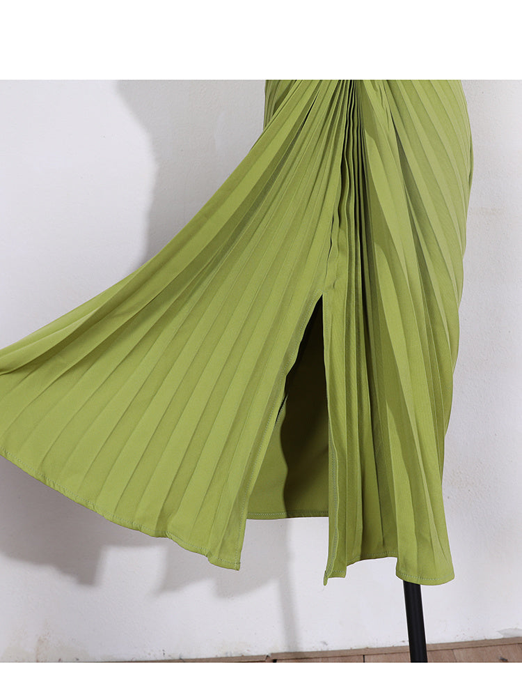 Pleated Light Luxury Green Retro Halter aclosy