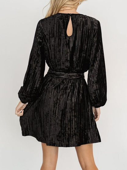 Velvet Round Neck Tie Waist Long Sleeve Mini Dress Trendsi