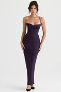 Pile Collar Satin Fishbone Pleated Suspender Long Dress-Light Purple aclosy