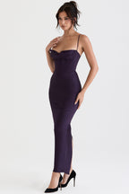 Pile Collar Satin Fishbone Pleated Suspender Long Dress-Light Purple aclosy