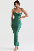 Pile Collar Satin Fishbone Pleated Suspender Long Dress aclosy