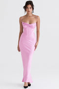 Pile Collar Satin Fishbone Pleated Suspender Long Dress aclosy