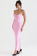 Pile Collar Satin Fishbone Pleated Suspender Long Dress aclosy
