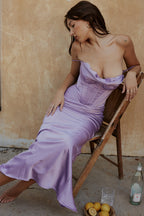 Pile Collar Satin Fishbone Pleated Suspender Long Dress aclosy