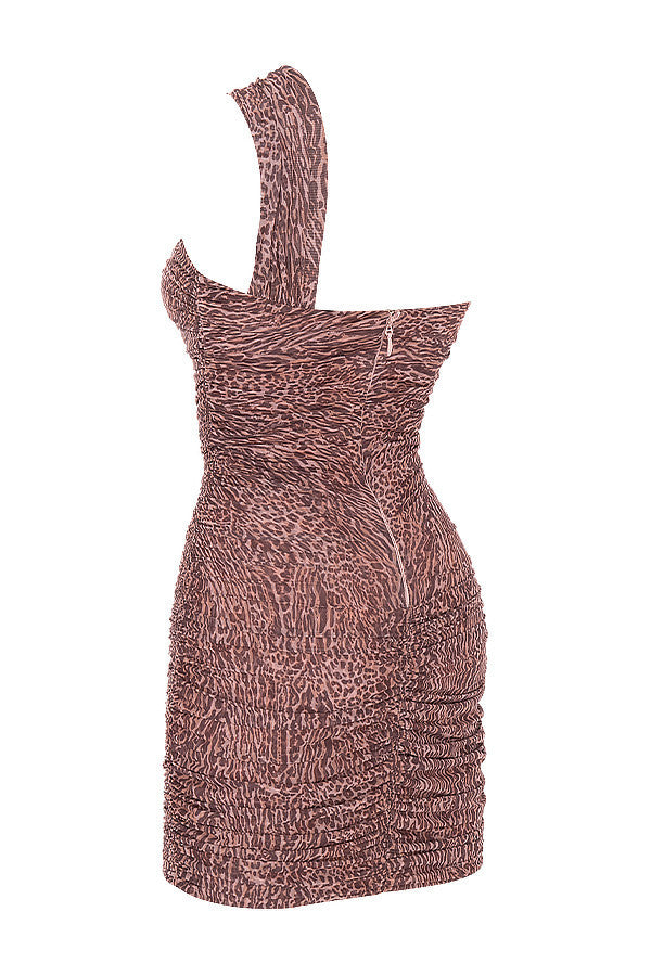 Women's Summer Leopard Print Slanted Shoulder Pleated Mesh Short Skirt aclosy