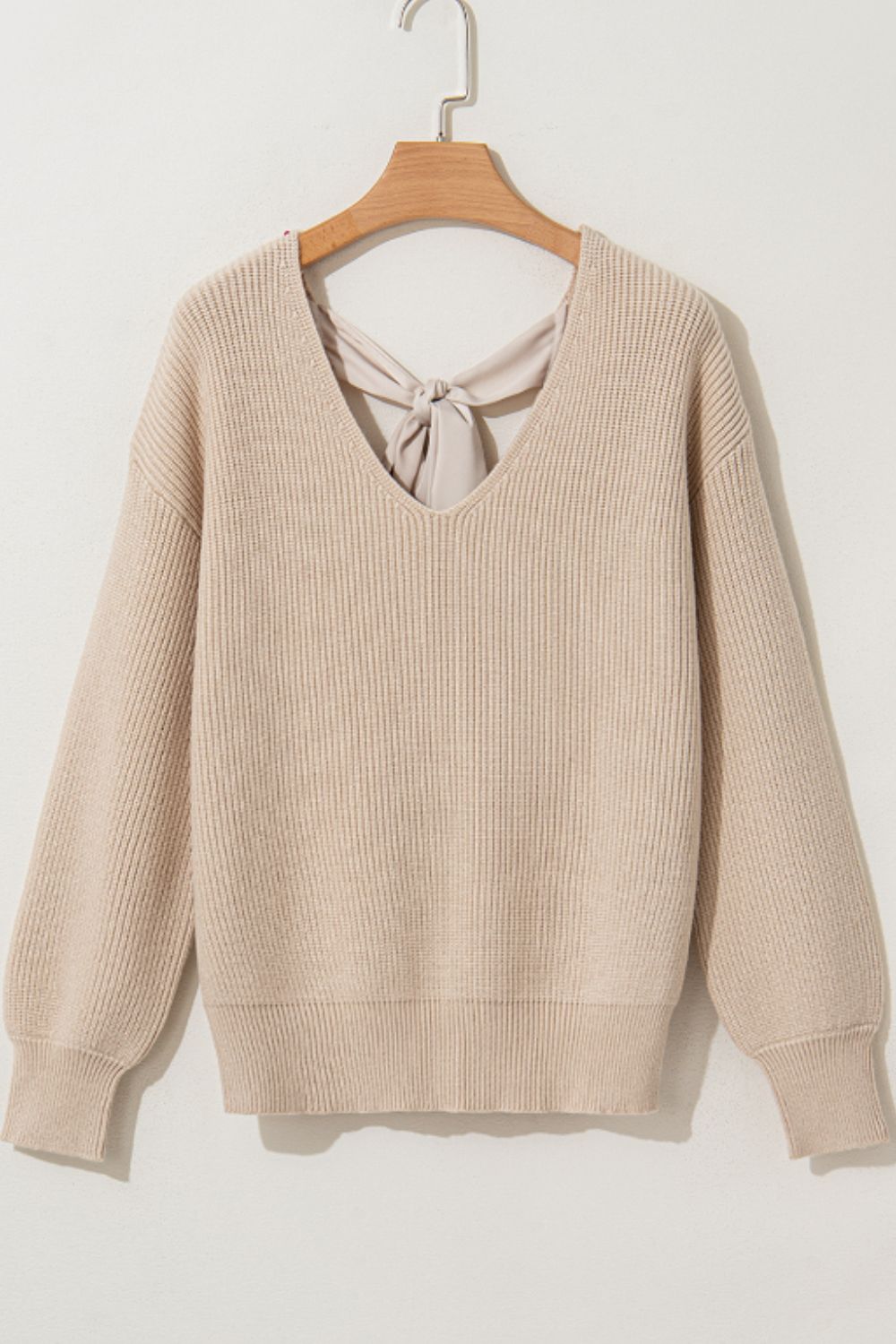 Tied Back V-Neck Long Sleeve Sweater Trendsi