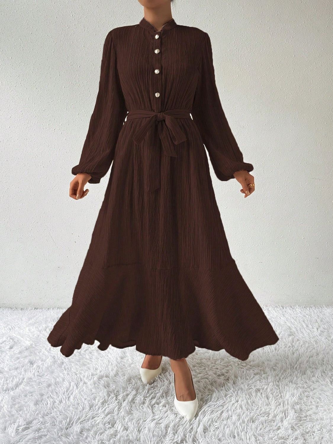 Half Button Tie Waist Long Sleeve Maxi Dress Trendsi