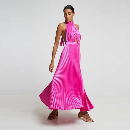 Women's Fashion Pleated Halter Tied Dress aclosy