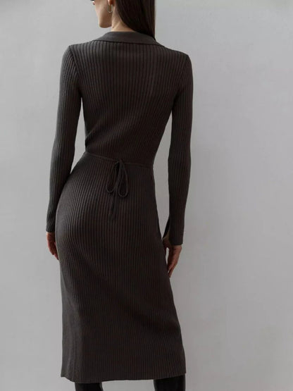 Tied Collared Neck Long Sleeve Sweater Dress Trendsi