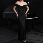 Off-shoulder Lace Stitching Evening Dress aclosy