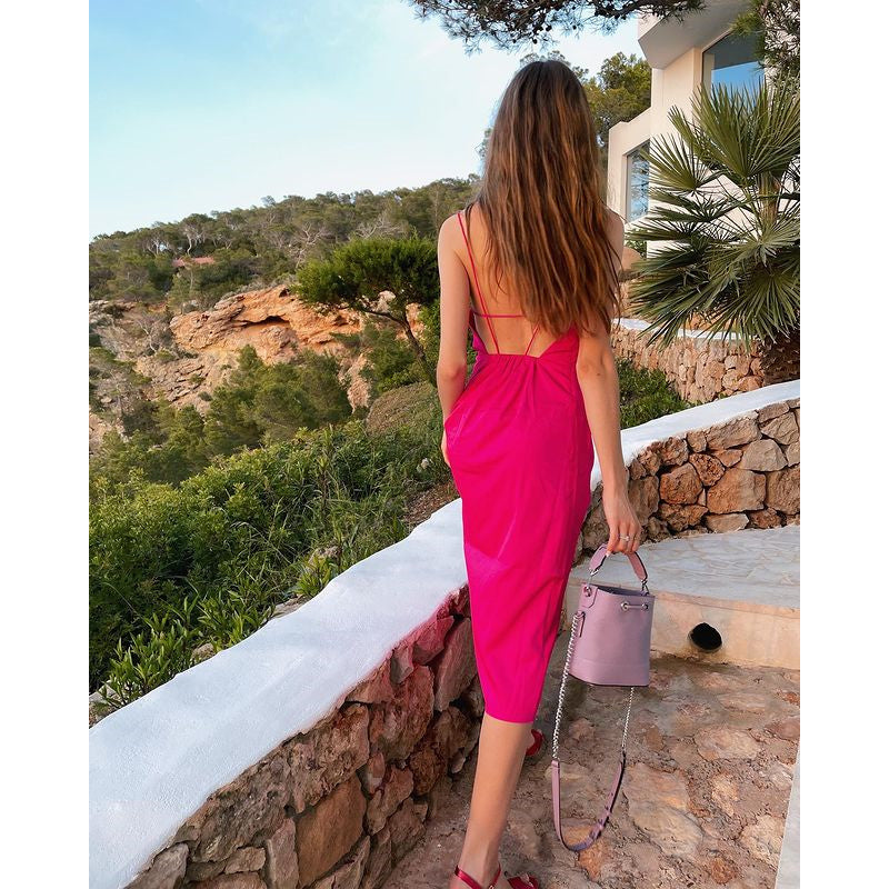 Women's Fashion Temperament A Word Collar Mid-length Halter Dress Aclosy