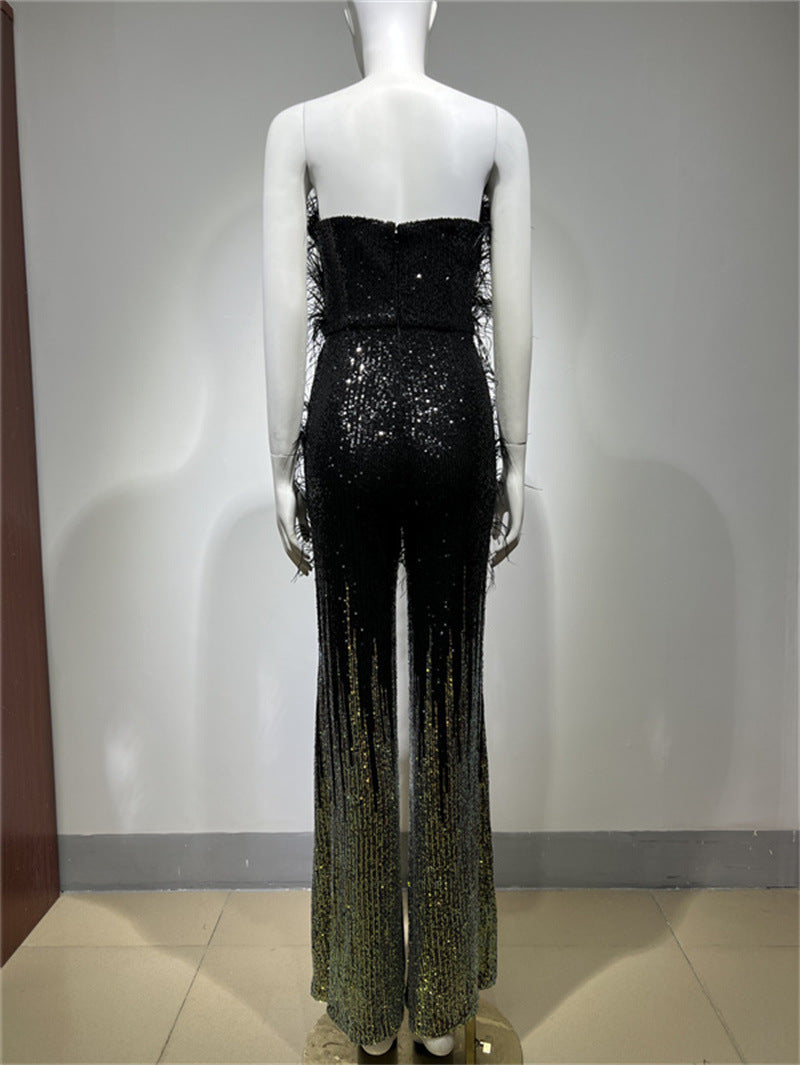 Ostrich Feather Gradient Sequin Tube Top Jumpsuit aclosy