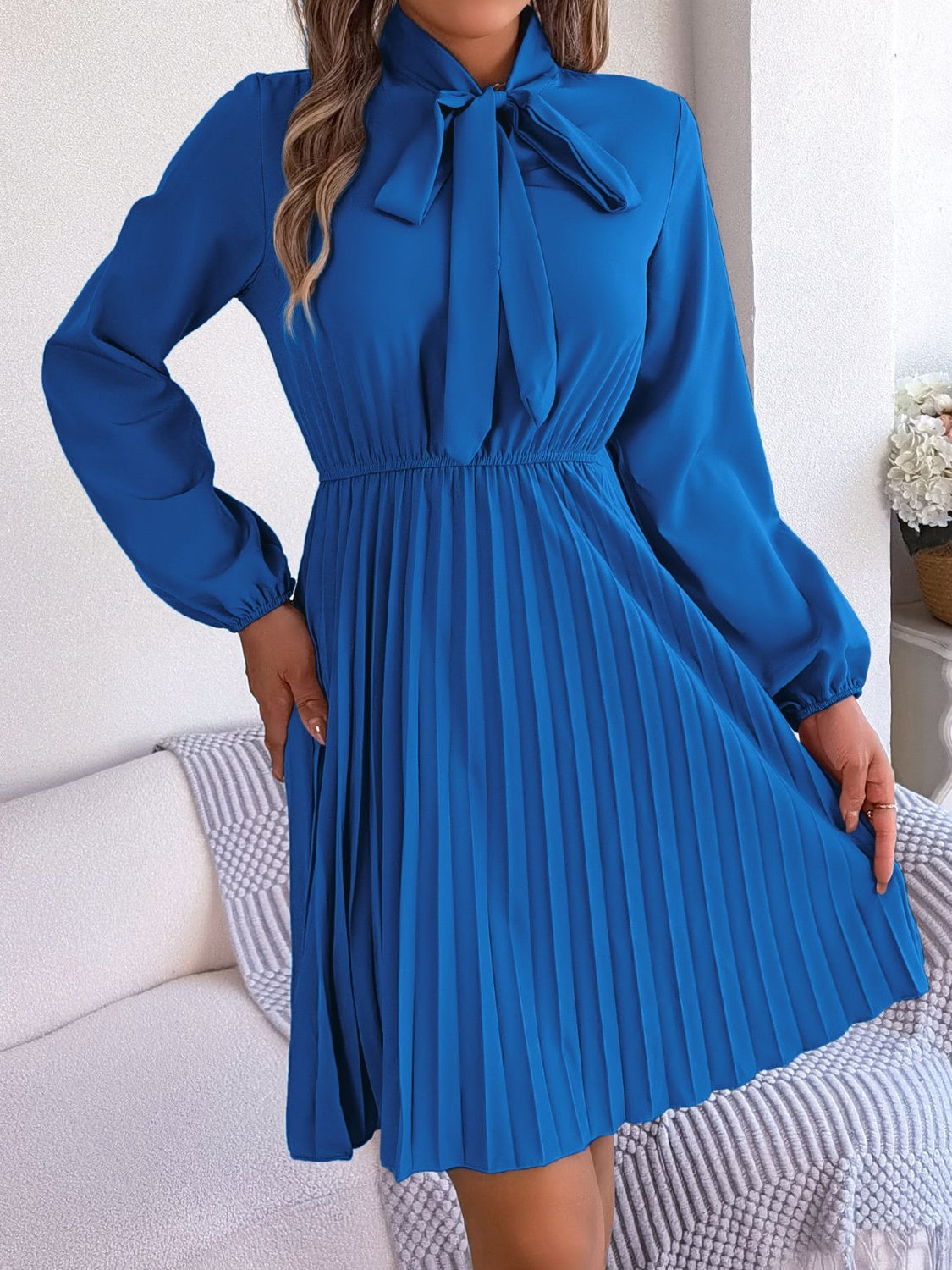 Tie Neck Balloon Sleeve Pleated Dress Trendsi