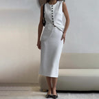Women's Round-neck Striped Single-breasted Vest Top High Waist A- Line Skirt Suit #aclosyESL