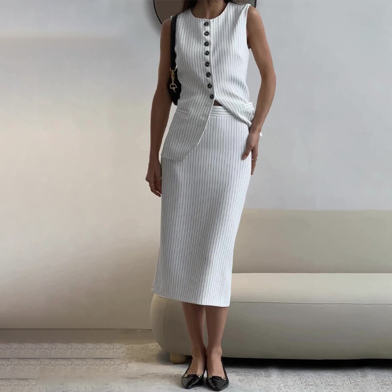 Women's Round-neck Striped Single-breasted Vest Top High Waist A- Line Skirt Suit #aclosyESL