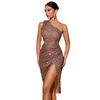 One-shoulder Sequin Slit Party Sexy Elegant Banquet Party Evening Dress null