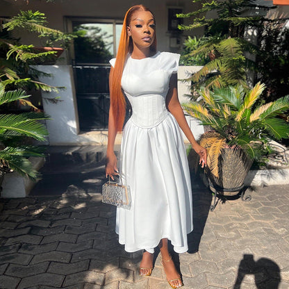 Round Neck Waist Cinched High Waist Fishbone A-line Skirt Aclosy