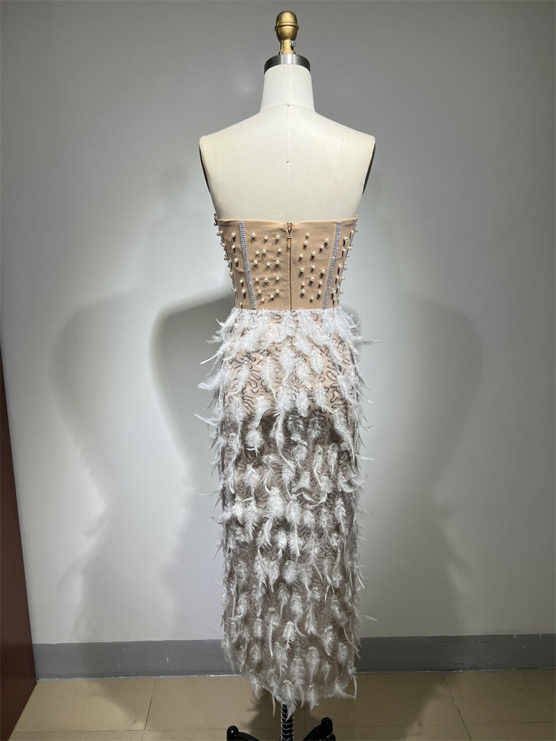 Gorgeous Feather Rhinestone Beaded See-through High Slit Tube Top Dress Aclosy