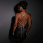 Women Rhinestone Hanging Neck Dress Fashion Sexy Backless Straps Temperament Short Dress aclosy