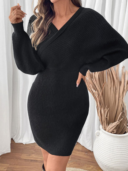 Perfee Surplice Long Sleeve Sweater Dress Trendsi